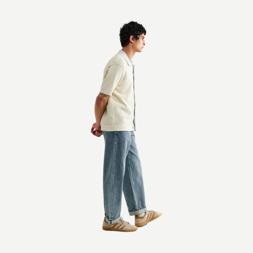 Belle SS Shirt Tipped Pointelle - Ecru/Pale Blue - Galvanic.co