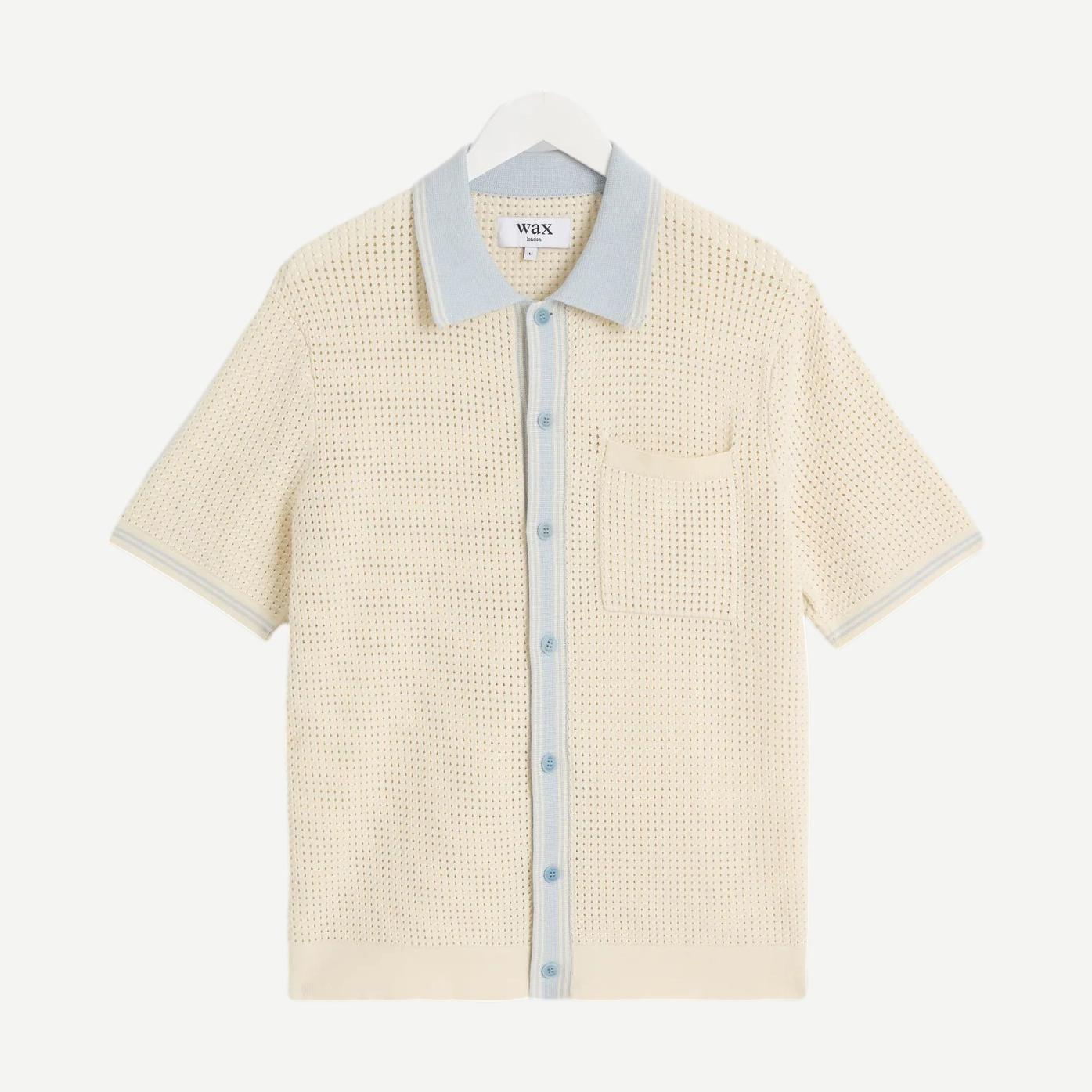 Belle SS Shirt Tipped Pointelle - Ecru/Pale Blue - Galvanic.co