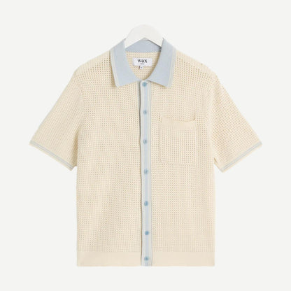 Belle SS Shirt Tipped Pointelle - Ecru/Pale Blue - Galvanic.co