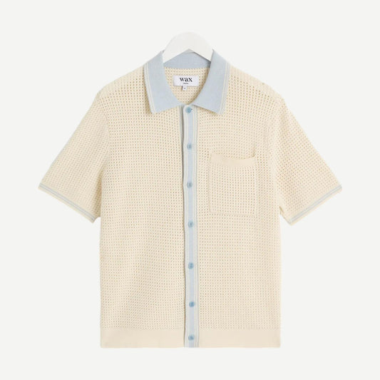 Belle SS Shirt Tipped Pointelle - Ecru/Pale Blue - Galvanic.co