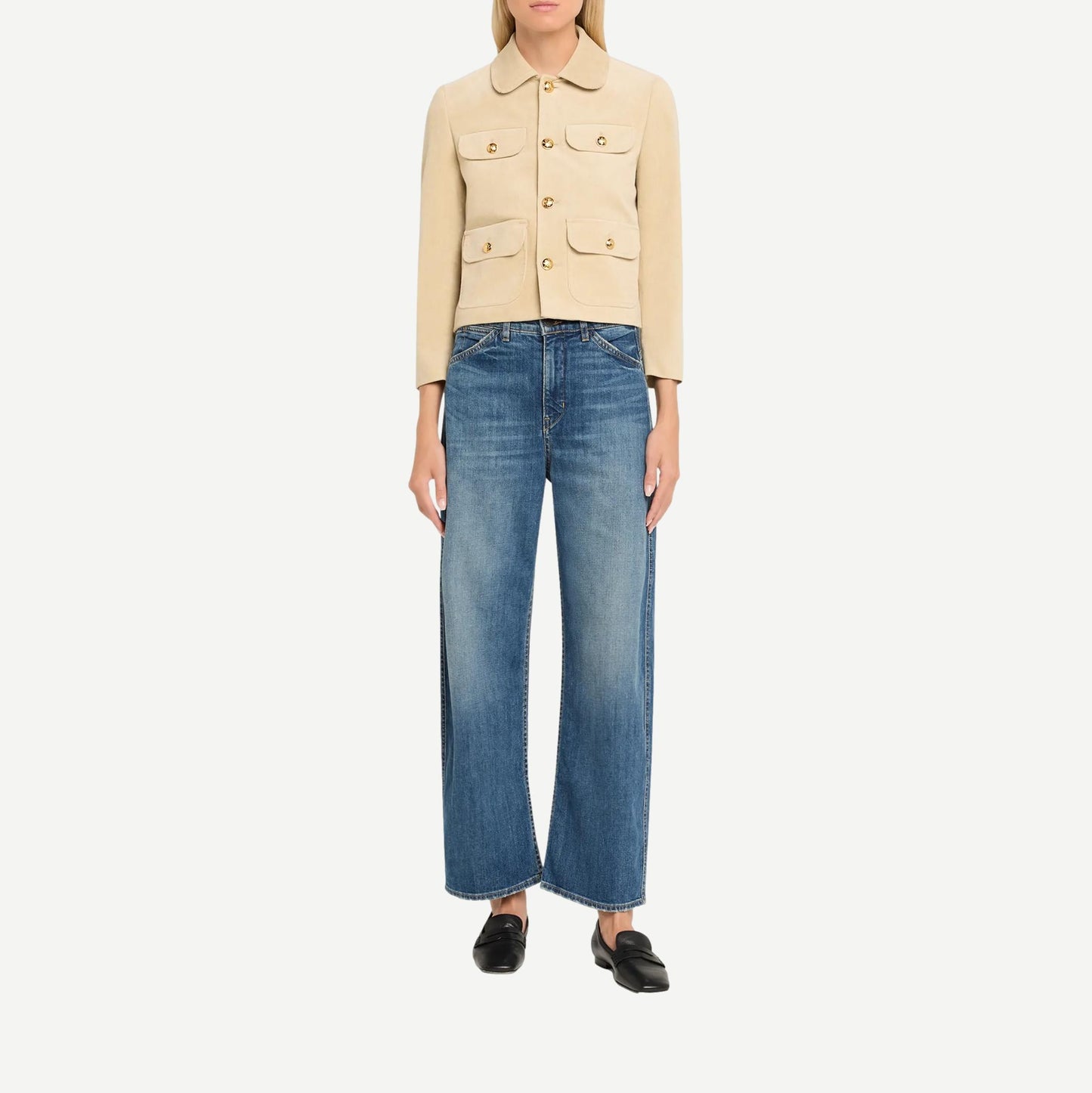 Nili Lotan Tribeca Jean in classic wash denim, showcasing a slim fit design with visible stitching and five-pocket styling.