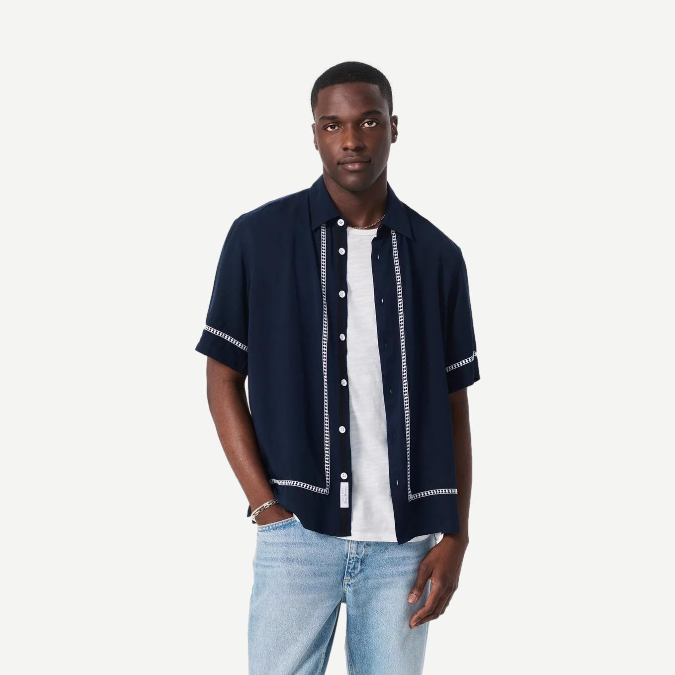 Blue Ezra Stripe Dalton embroidered shirt by Rag and Bone, featuring detailed embroidery and classic striped fabric.