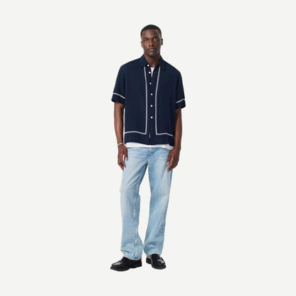 Blue Ezra Stripe Dalton embroidered shirt by Rag and Bone, showing the detailed embroidery and classic striped pattern.