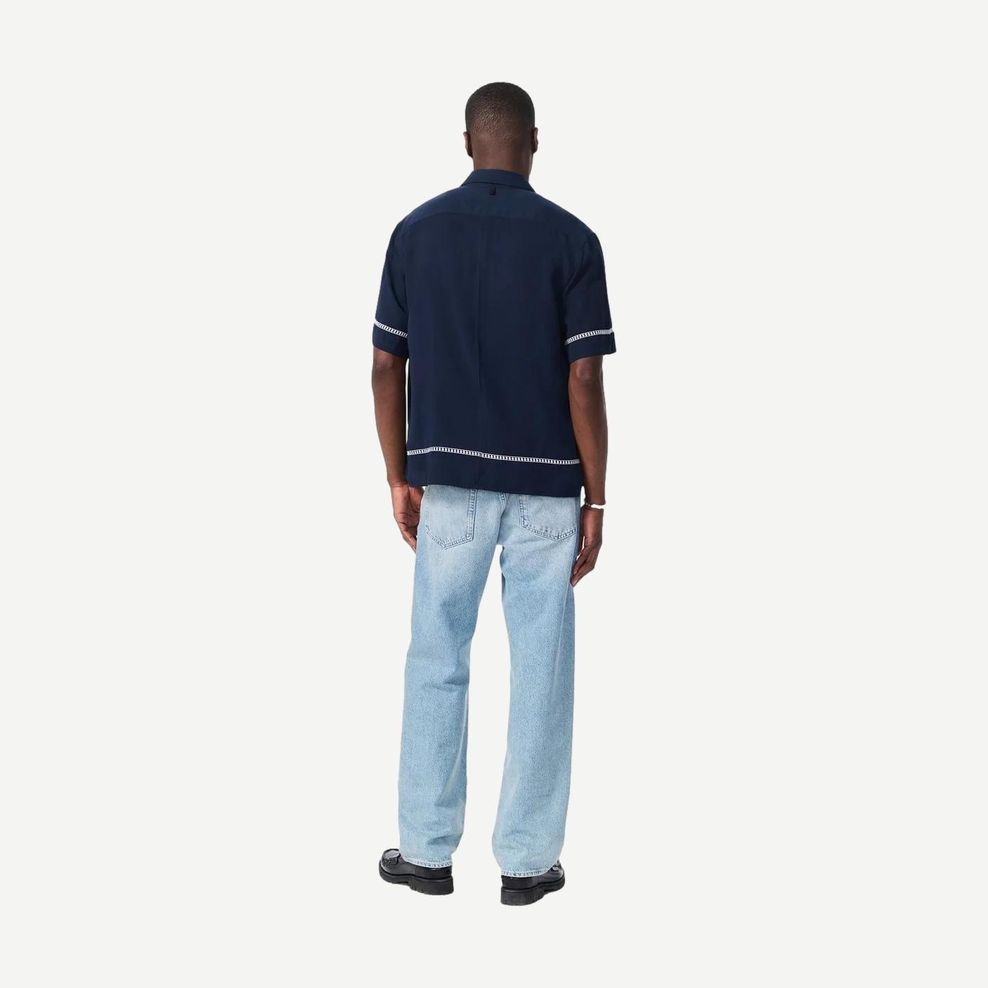 Blue Ezra Stripe Dalton embroidered shirt by Rag and Bone, featuring detailed embroidery and classic striped design.