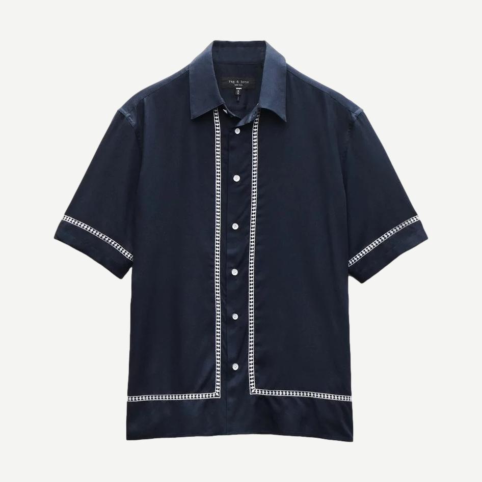 Blue Ezra Stripe Dalton embroidered shirt by Rag and Bone, showcasing intricate embroidery and classic striped design.