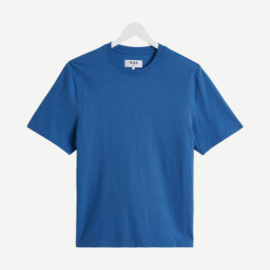 Wax London Dean SS Shirt Jolt in French Blue, textured organic cotton T-shirt with a casual fit and stylish design.