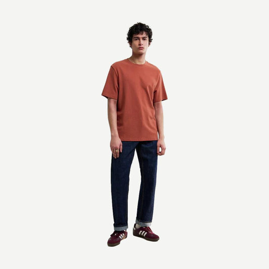 Wax London Dean SS Rust T-Shirt made of textured organic cotton, featuring a casual fit and rich rust color.