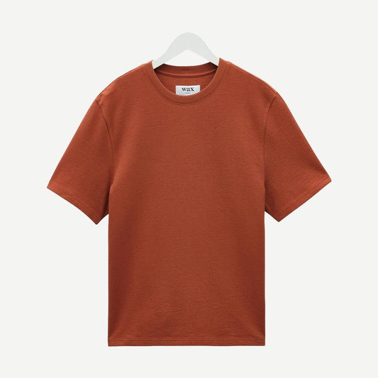 Wax London Dean SS Rust T-Shirt made of textured organic cotton, featuring a casual fit and rust color.