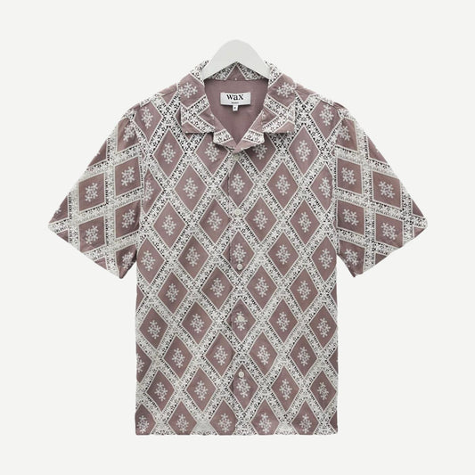 Wax London Didcot Shirt in taupe and ecru with diamond lace details, short-sleeve design, elegant and lightweight for versatile wear