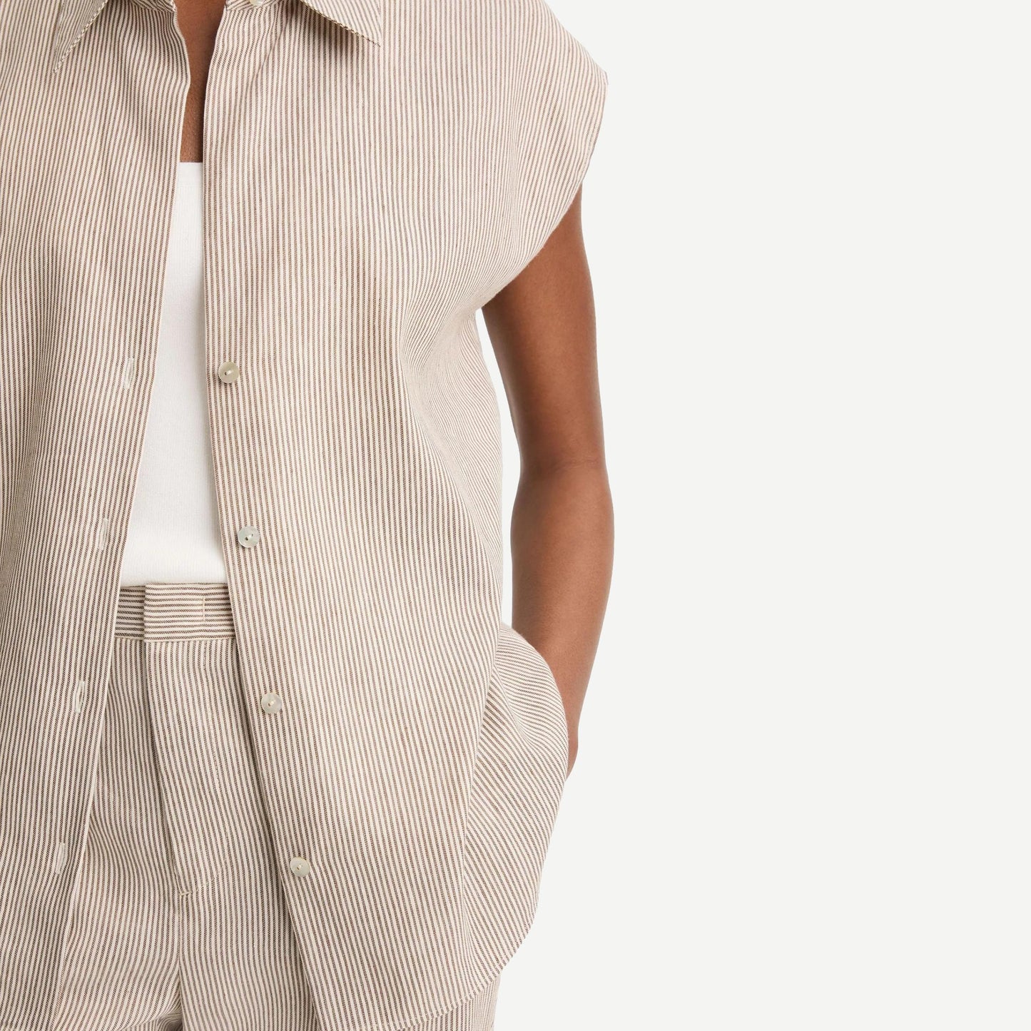 Ticking Stripe Cap SLV Blouse - Taupe Wood - Galvanic.co
