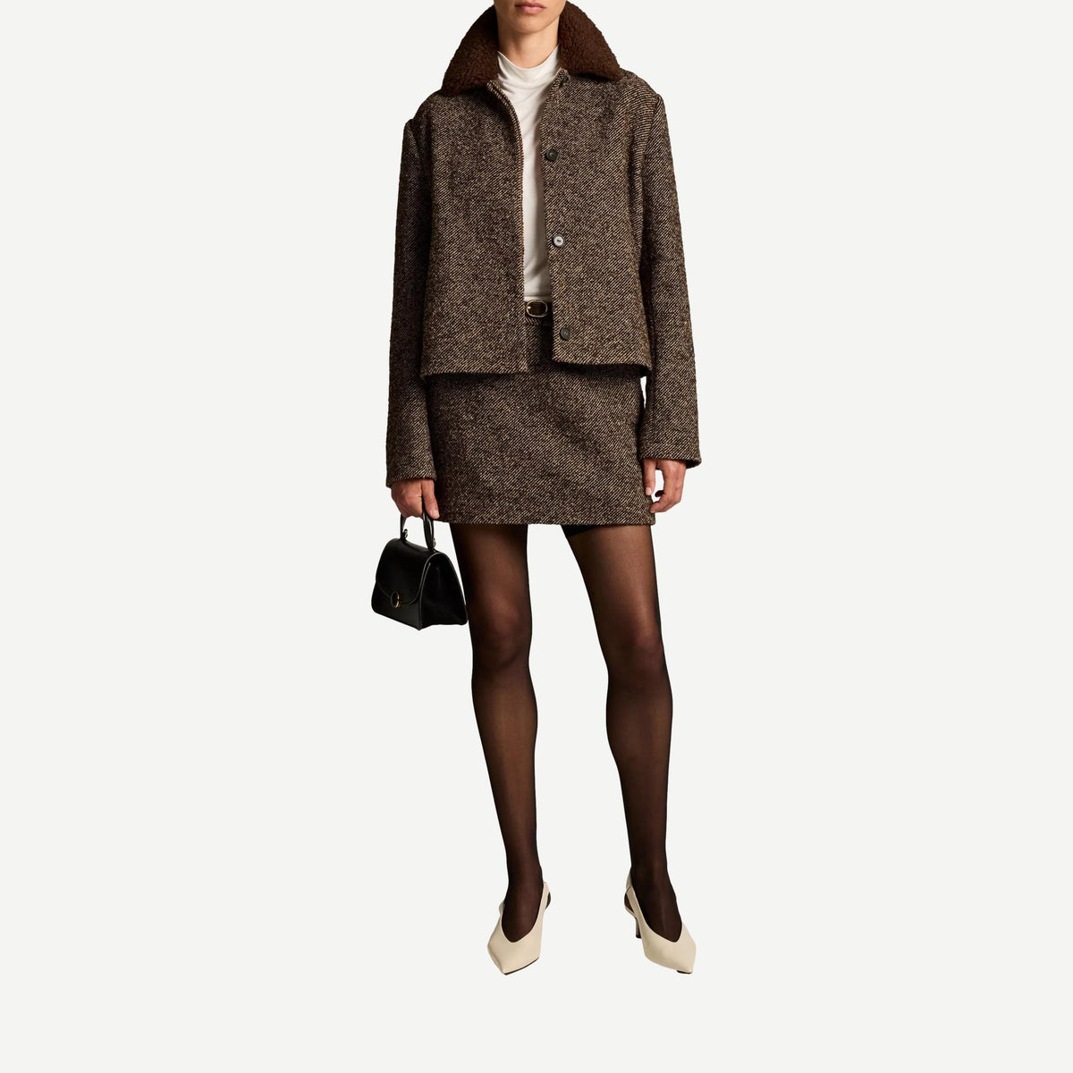 Vince contrast collar boucle jacket in burnt walnut brown with textured fabric and button front