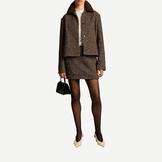 Vince contrast collar boucle jacket in burnt walnut brown with textured fabric and button front