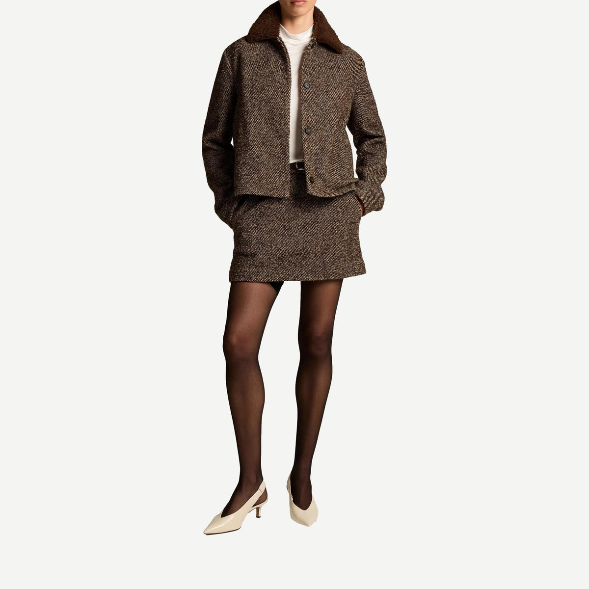 Vince Boucle Skort in burnt walnut, textured skirt with shorts underneath