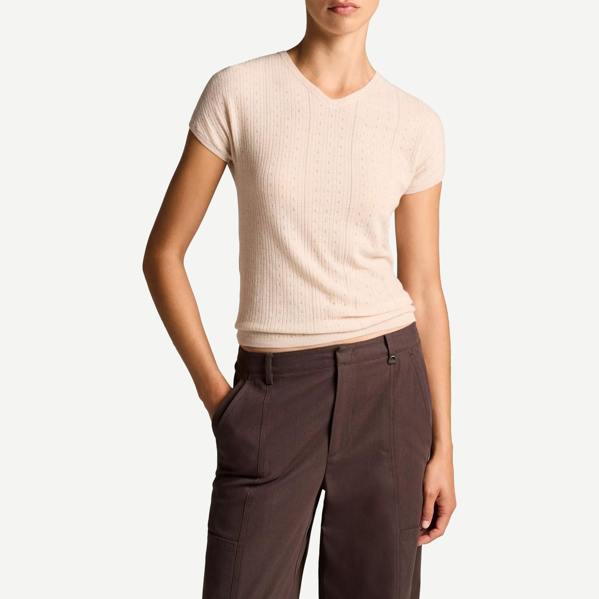 Pointelle Wool Short-Sleeve Sweater - Blush Cloud - Galvanic.co