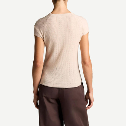 Pointelle Wool Short-Sleeve Sweater - Blush Cloud - Galvanic.co