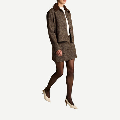 Vince Boucle Skort in Burnt Walnut, textured brown mini skirt with built-in shorts