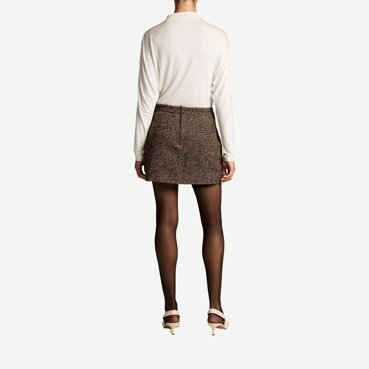 Vince Boucle skort in burnt walnut brown with a textured finish and tailored silhouette