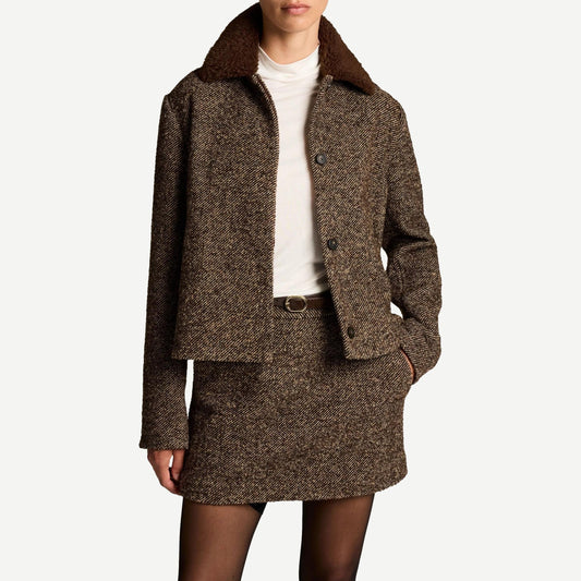 Vince contrast collar boucle jacket in burnt walnut brown