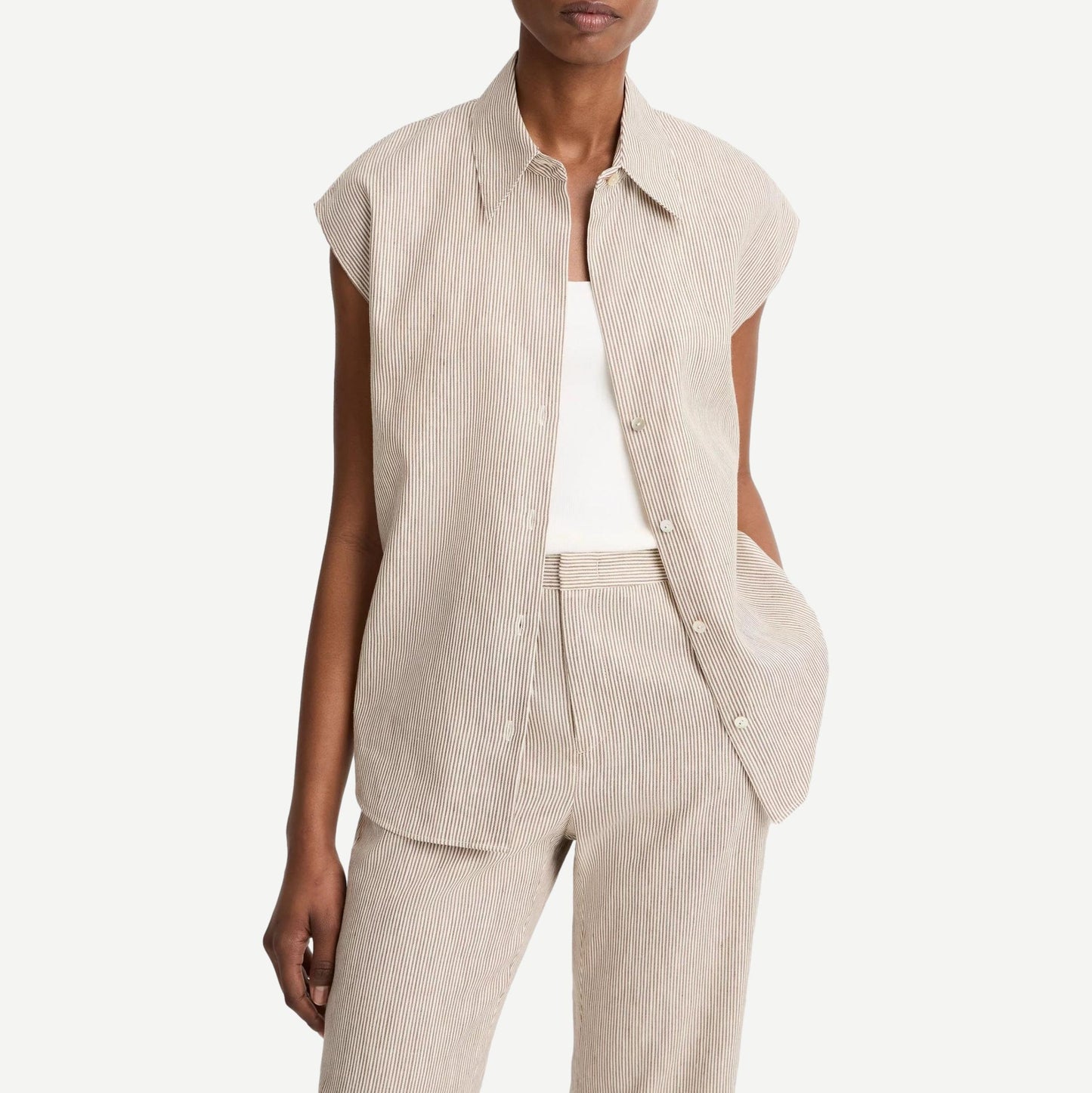 Ticking Stripe Cap SLV Blouse - Taupe Wood - Galvanic.co