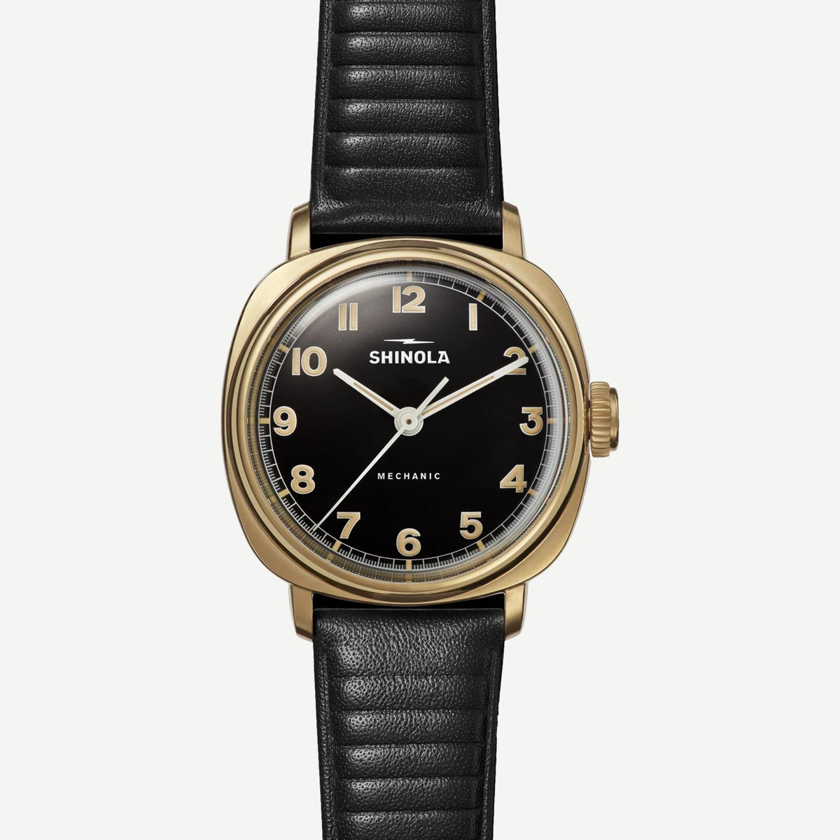 Shinola Mechanic 3H 39mm black leather watch with black dial and minimalist design