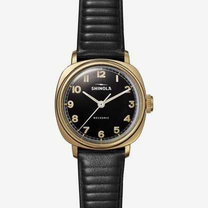Shinola Mechanic 3H 39mm black leather watch with black dial and minimalist design