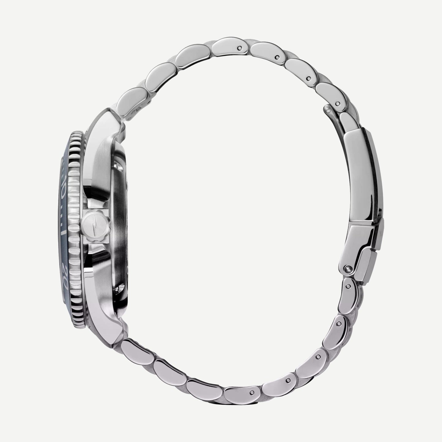 Shinola Monster Automatic Lake Michigan 39mm watch with blue dial, mother-of-pearl accents, and silver case.