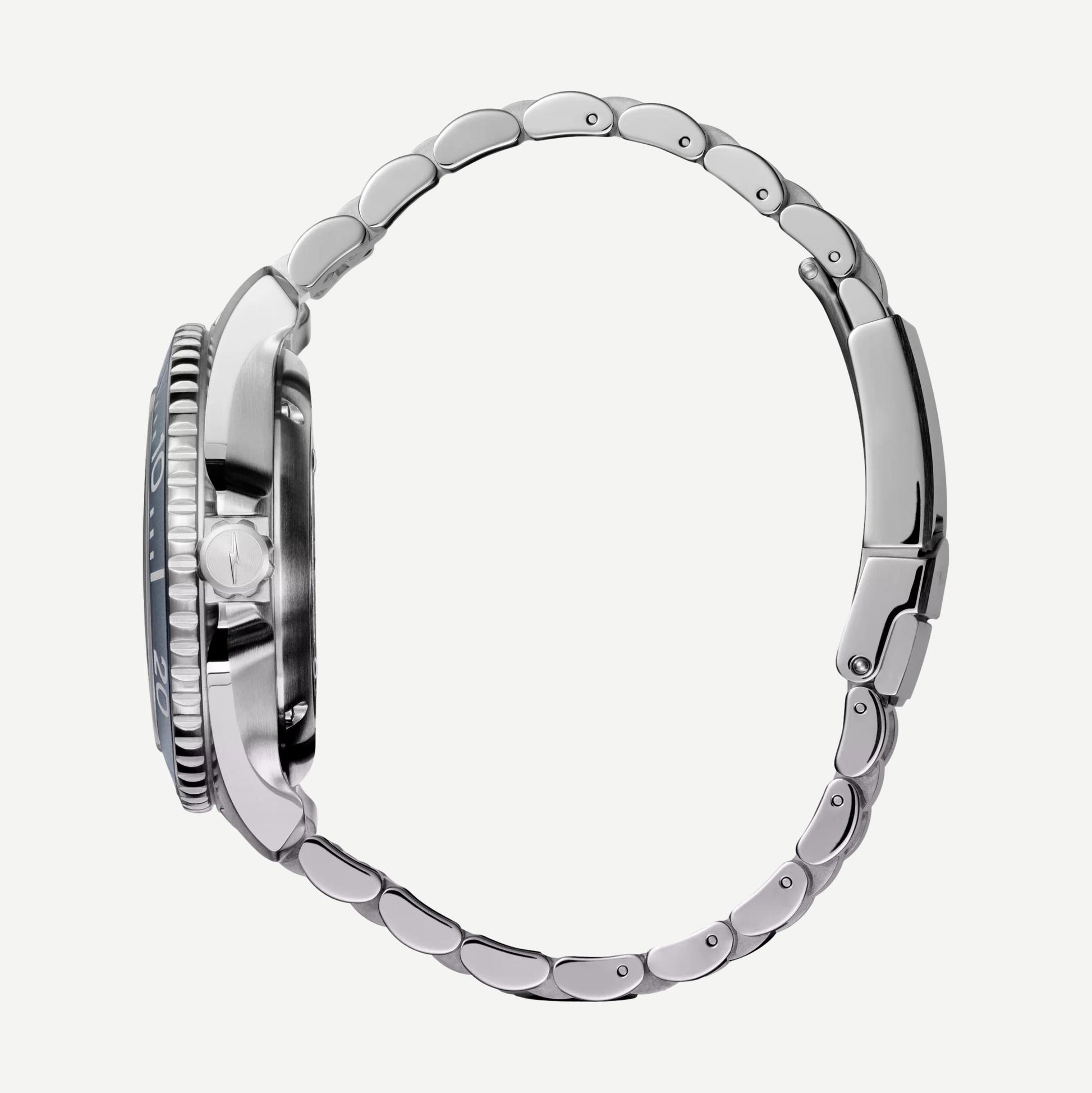 Shinola Monster Automatic Lake Michigan 39mm watch with blue dial, mother-of-pearl accents, and silver case.