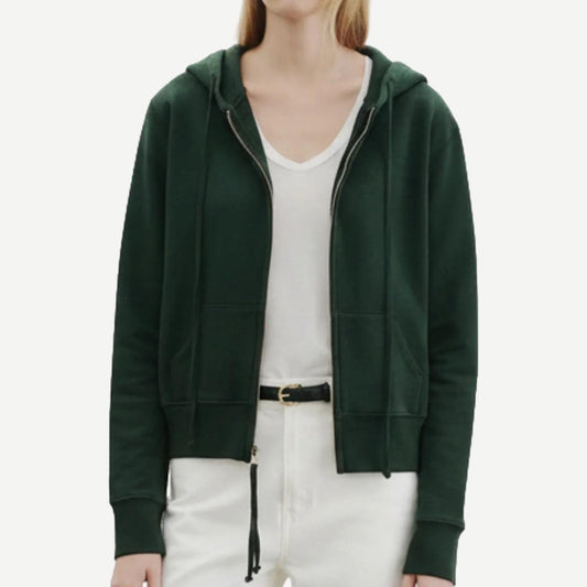 Nili Lotan Callie Zip Up Hoodie in evergreen, a stylish jacket with a front zipper and cozy fit, shown on a model.