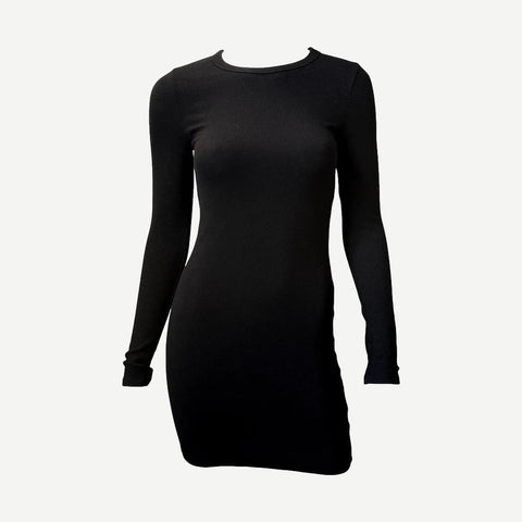 Textured Knit L/S Mini Dress - Black - Galvanic.co
