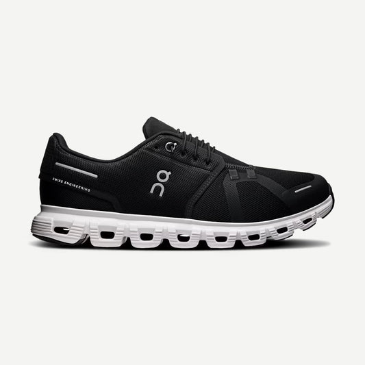 On Cloud Cloud 6 women's running shoes in black and white with breathable mesh and cushioned sole for comfort.