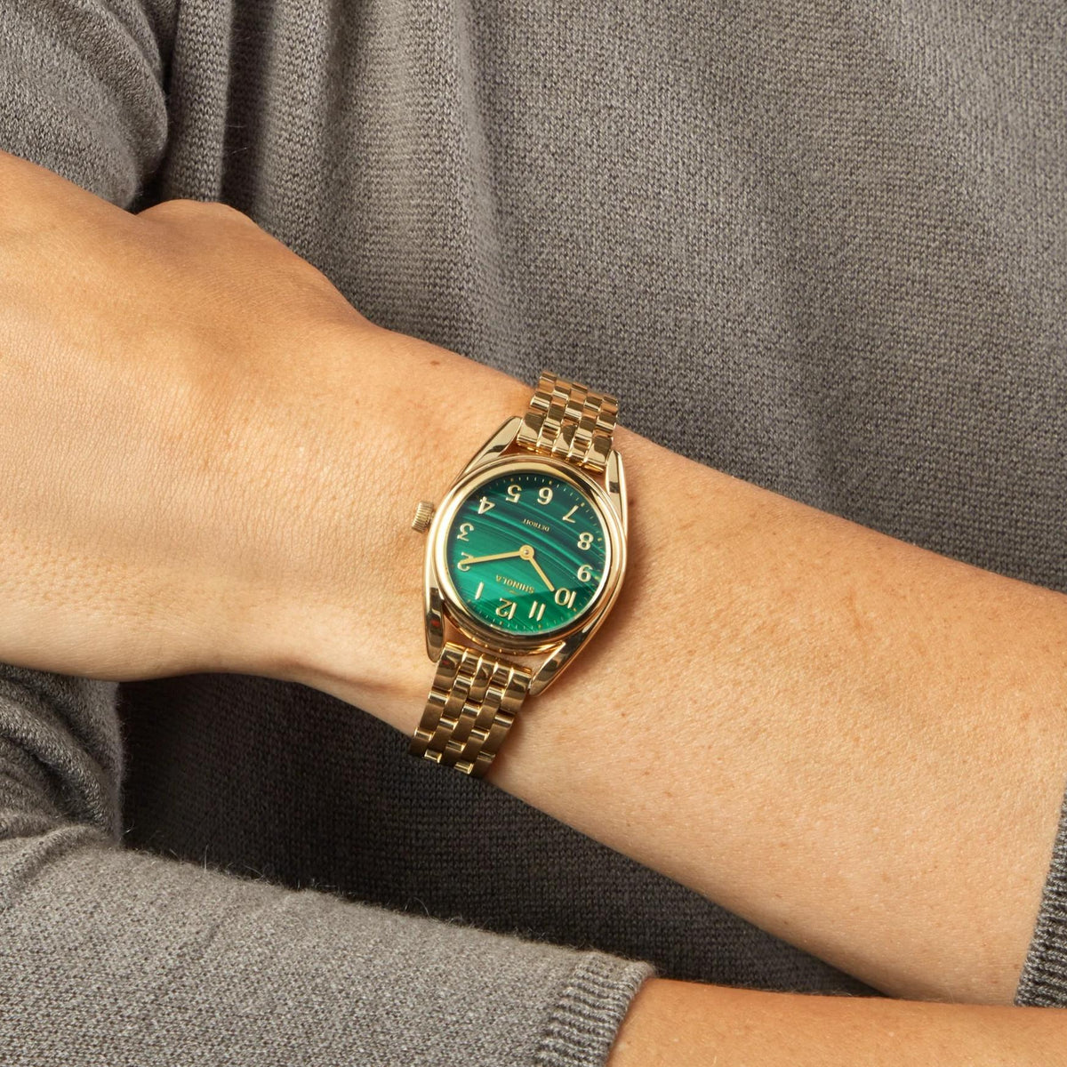 Shinola Derby 2H Gold 30.5mm watch with malachite dial and gold-tone case