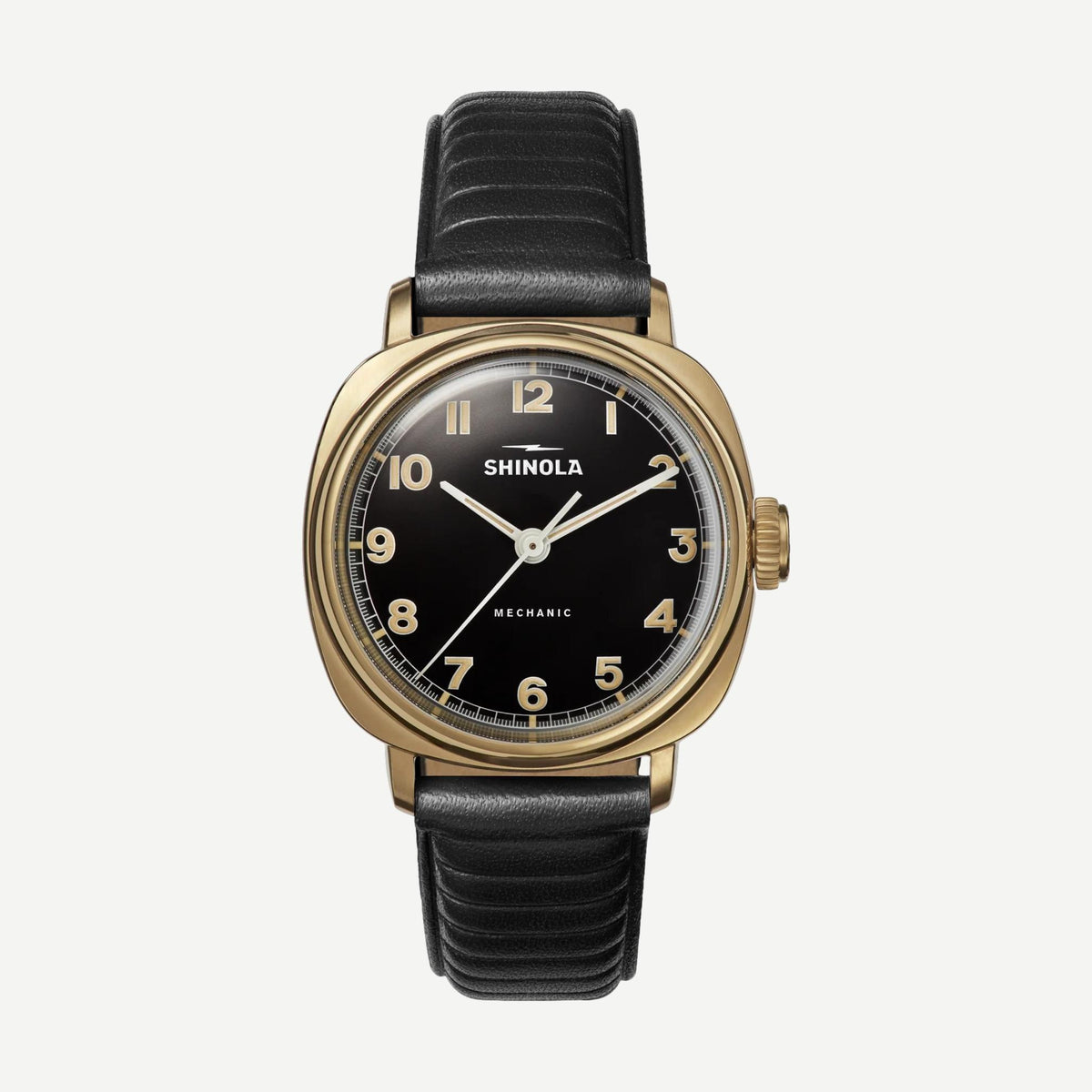 Shinola Mechanic 3H Black Leather 39mm watch with black dial and black leather strap