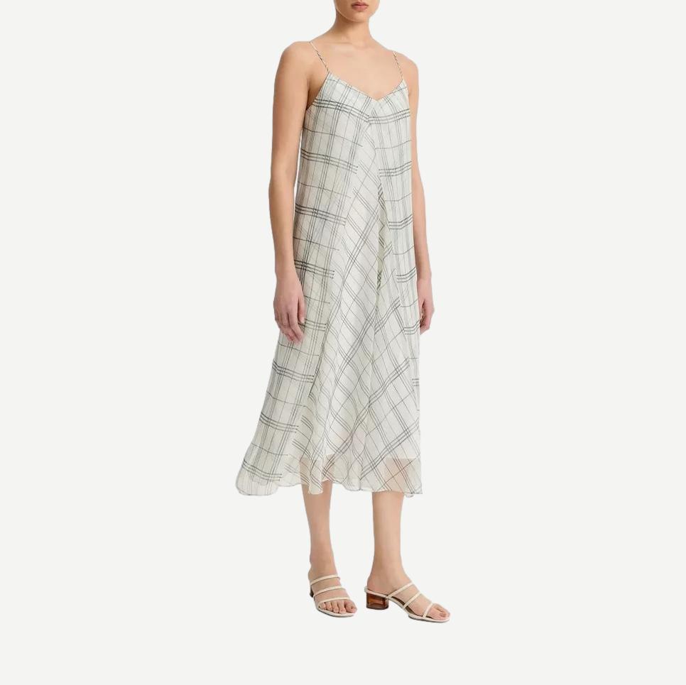 Fenced Plaid Sheer Panel Dress - Off White/Grey - Galvanic.co