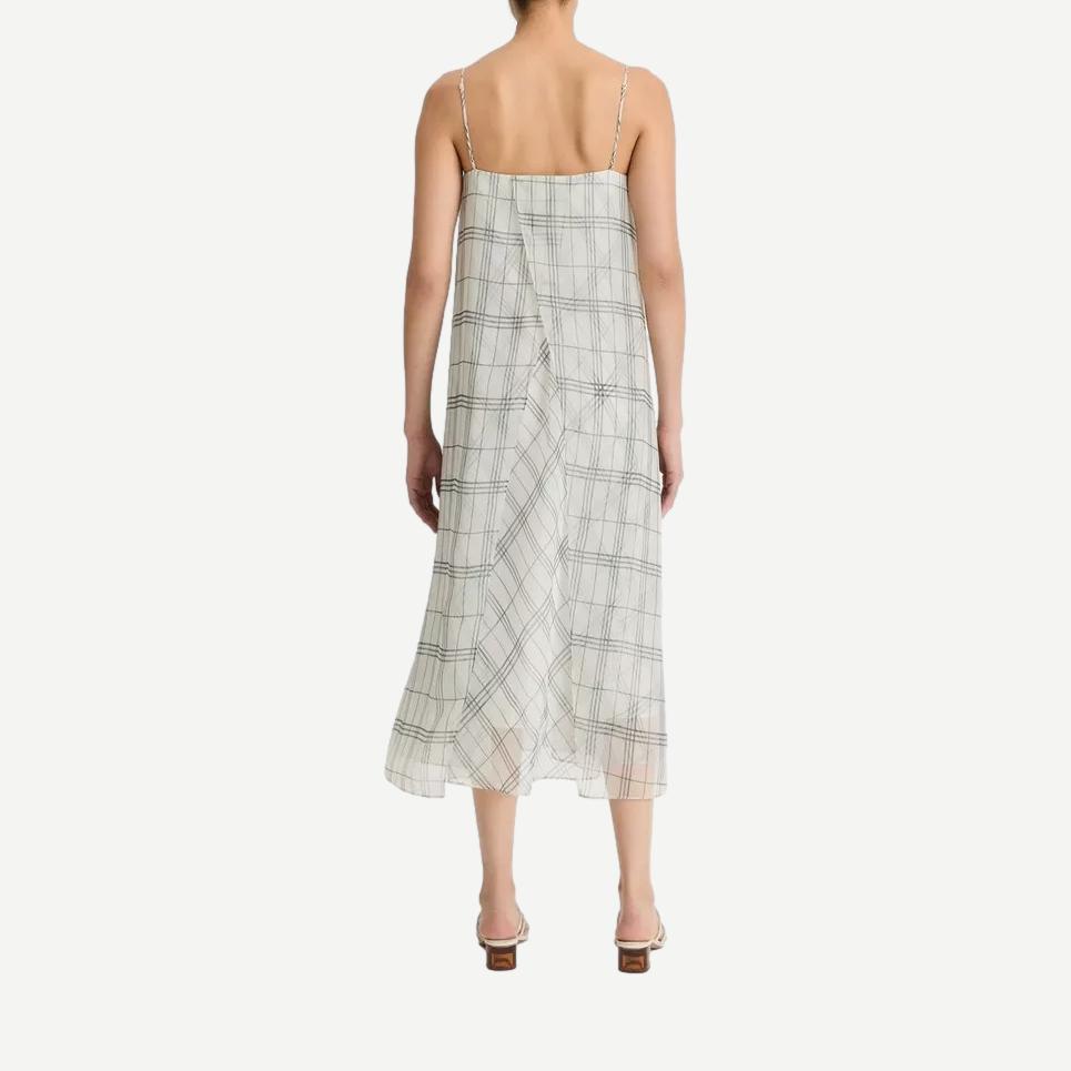 Fenced Plaid Sheer Panel Dress - Off White/Grey - Galvanic.co