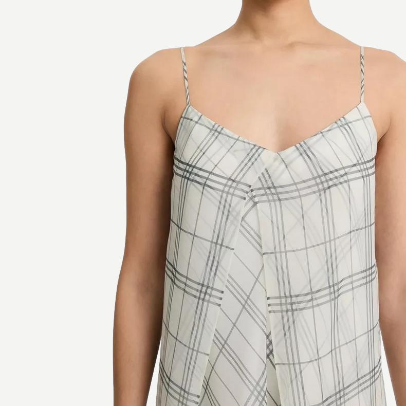 Fenced Plaid Sheer Panel Dress - Off White/Grey - Galvanic.co
