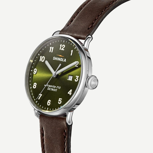 Shinola Canfield 3HD 43mm watch with dark olive leather strap