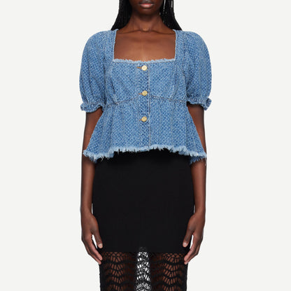 Fluffy Denim Blouse - Mid Blue Stone - Galvanic.co