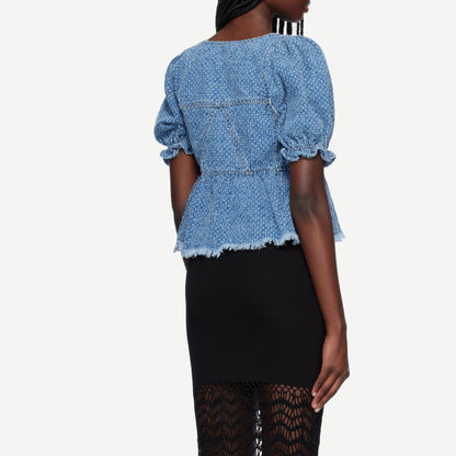 Fluffy Denim Blouse - Mid Blue Stone - Galvanic.co