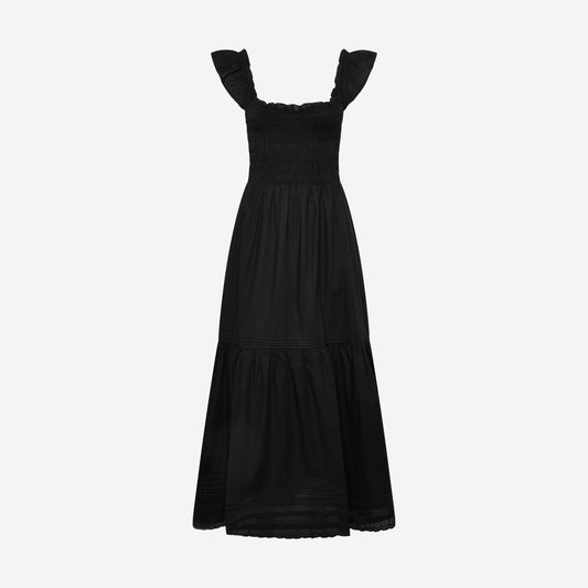 Black Valentina Maxi Dress by Faithfull The Brand featuring intricate Fiore lace fabric and flowing silhouette.