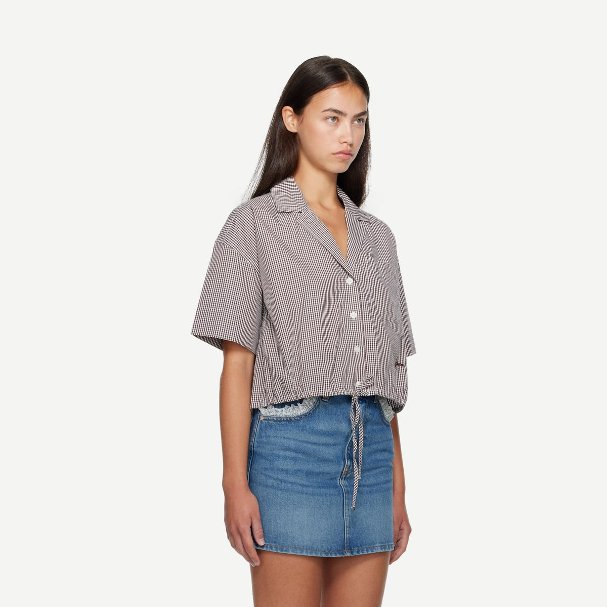 Check Cotton Cropped Bowling Shirt - Chicory Coffee