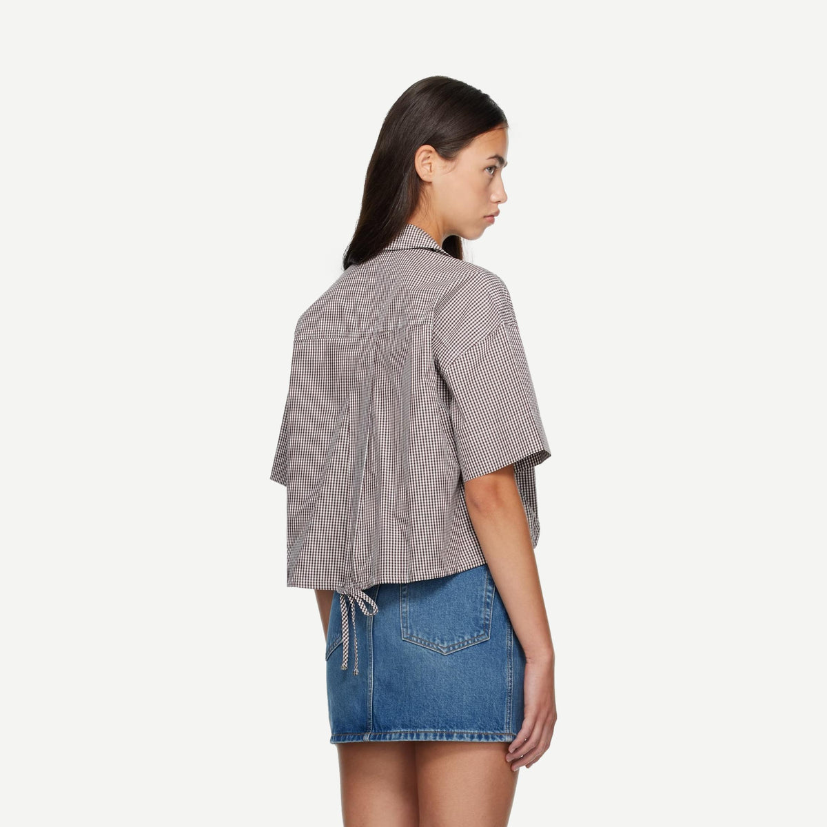 Check Cotton Cropped Bowling Shirt - Chicory Coffee