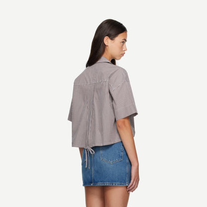 Check Cotton Cropped Bowling Shirt - Chicory Coffee