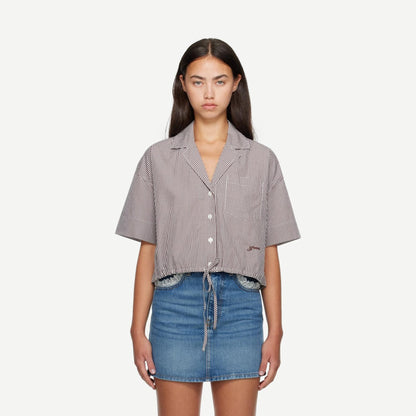 Check Cotton Cropped Bowling Shirt - Chicory Coffee