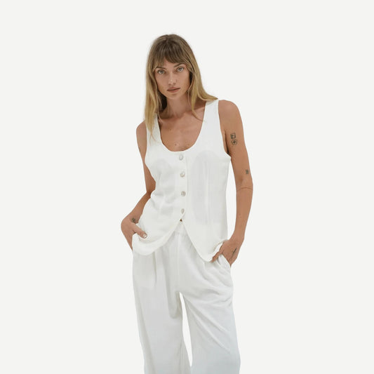 Kai Long Line Linen Vest - Whisper White - Galvanic.co