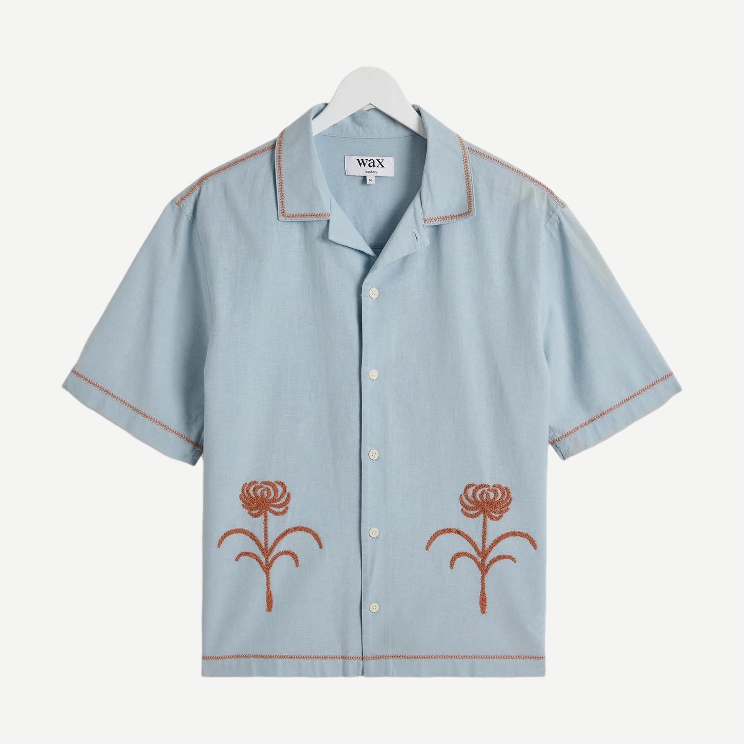 Keats SS Shirt Dahlia Embroidery - Light Blue/Rust - Galvanic.co