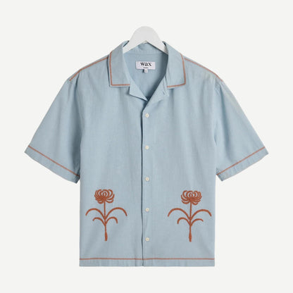 Keats SS Shirt Dahlia Embroidery - Light Blue/Rust - Galvanic.co