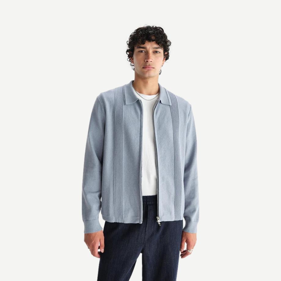 Lennox Zip Polo Milano Ripple Stripe - Grey Blue - Galvanic.co
