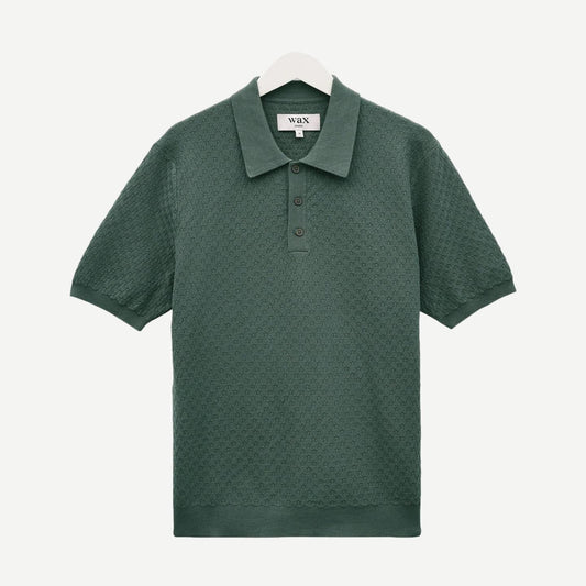 Sea green Wax London Naples Polo with retro diamond knit pattern, showcasing a classic polo shirt design.