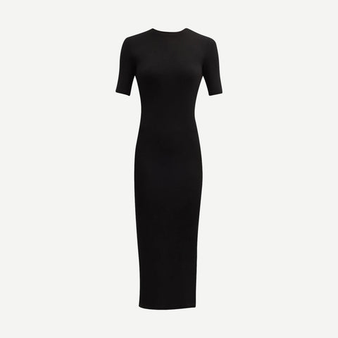 Silk Rib Half Sleeve Midi Dress - Black - Galvanic.co