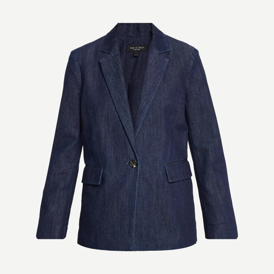 Rag and Bone Jennie Indigo Denim Blazer jacket with tailored fit and classic collar, displayed on a hanger.